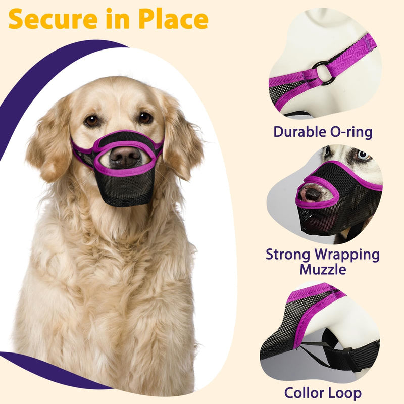 LUCKYPAW Dog Muzzle, Mesh Muzzle for Large Medium Small Dogs with Front Opening Design, Dog Mouth Cover to Prevent Biting, Licking, Chewing, Scavenging, Allows Drinking Panting(Purple,S) Purple S-Snout:7¾-8¾"