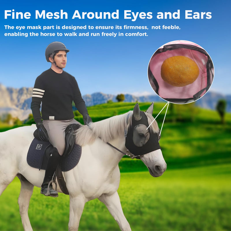 Ride Horse Fly Mask with Ear Protection, Protective Face Cover, Super Stretchy Comfort for Horse-Adult, 3PCS-1Black1Blue1Rose Sakura