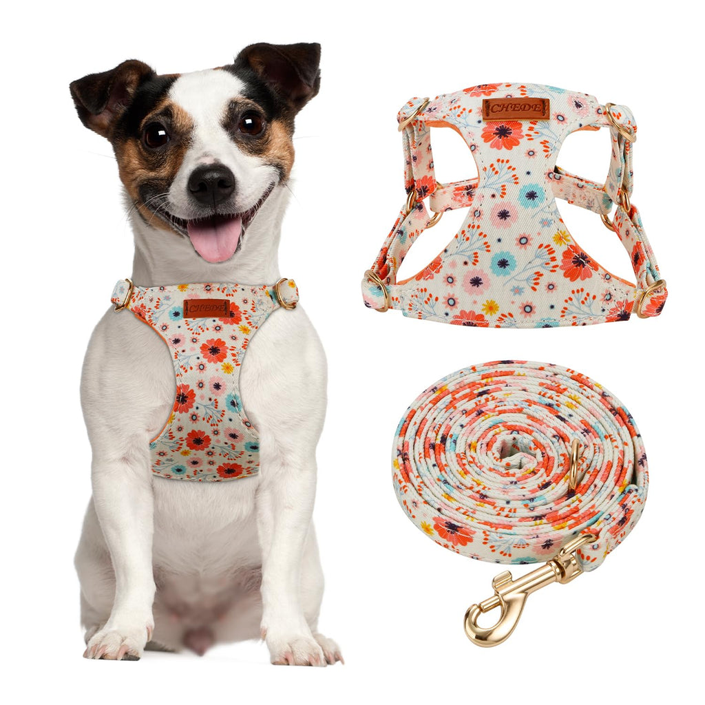 No Pull Floral Pattern Dog Harness- Lightweight and Soft Dog Harness, Adjustable Small Dog Harness and Leash Set, with Dog Leash, Suitable for Puppy Small and Medium-Sized Dog S Beige