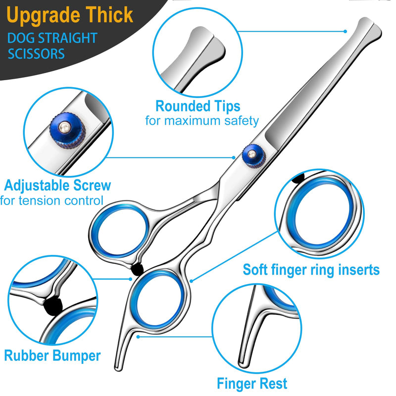 5 in 1 Upgraded Thicken Dog Grooming Scissors, Professional Dog Scissors for Grooming with Safety Round Tips, Lengnoyp Stainless Steel Thinning Shears, Pet Cat Shears for Grooming Kit - PawsPlanet Australia