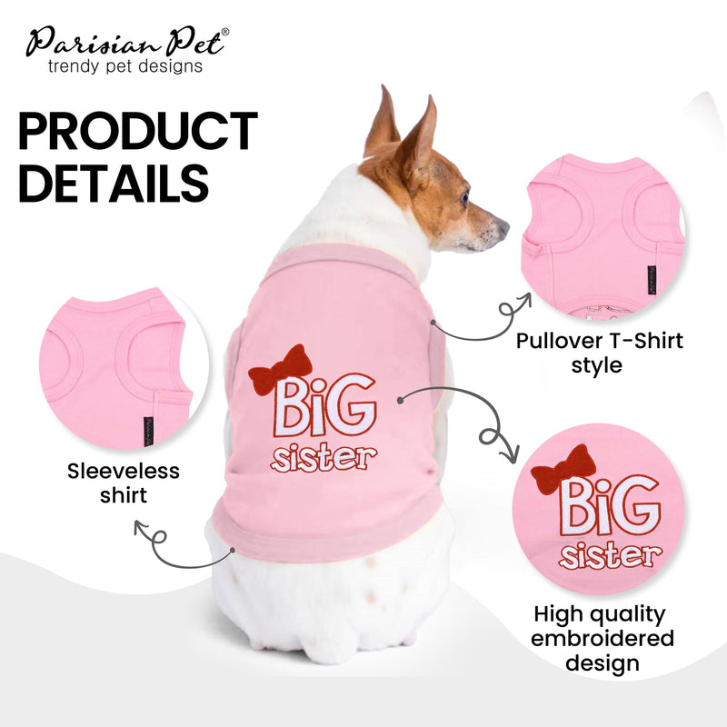 Parisian Pet Cat and Dog T-Shirt with Embroidered ' Big Sister ' - Breathable Big Sister Doggy Clothes - Sleeveless Pets Vest - Machine Washable Pink Shirts for Large Dogs 3XL - PawsPlanet Australia