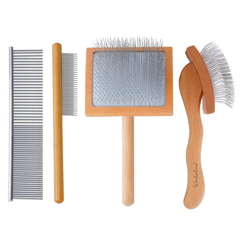 Ergonomic Slicker Brush for Long-Haired Dogs - Wooden Handle, Long Pins for Grooming Goldendoodles
