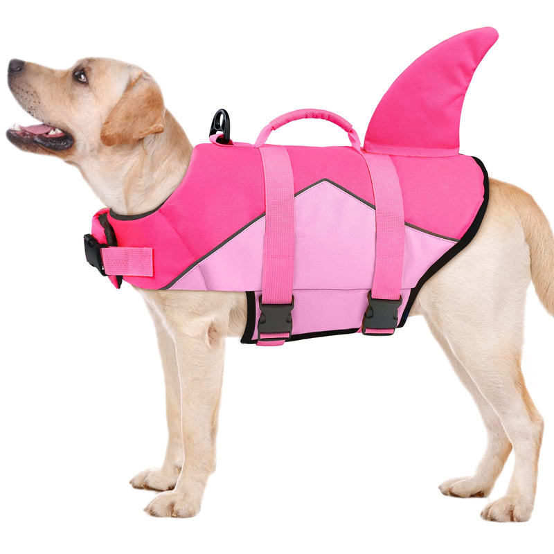 Malier Dog Life Jacket, Ripstop Dog Life Vest with Rescue Handle for Swimming Boating, Reflective Puppy Life Jackets Dog Shark Life Jacket with Adjustable Strap for Small Medium Large Dogs (Large) Pink-Shark