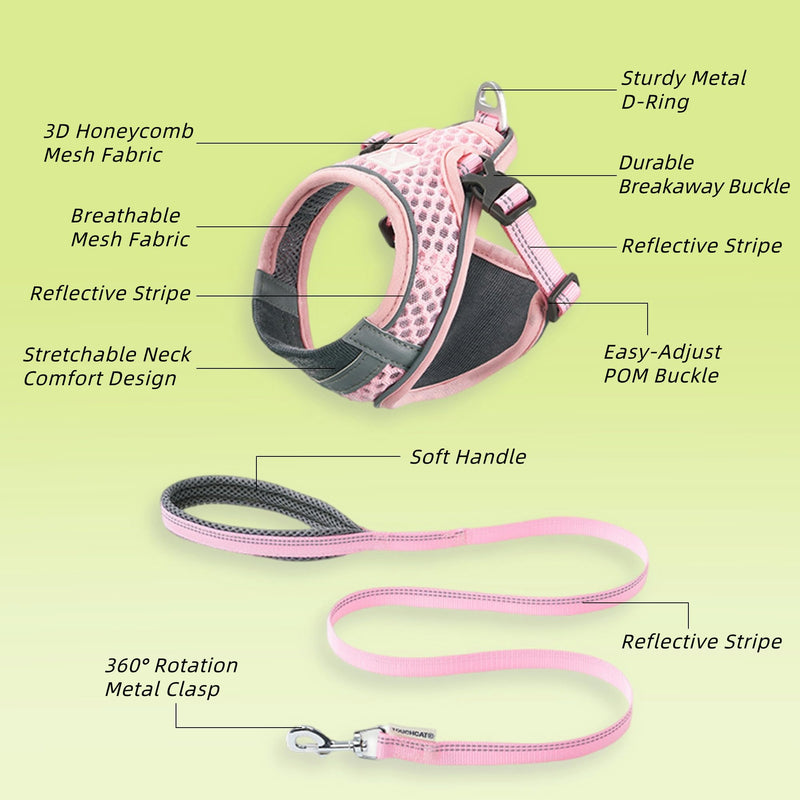 Cat Harness and Leash Set for Comfortable Outdoor Walking, Escape Proof, Adjustable Soft Kitten Vest Harness with Reflective Strip for Cats, Small Dogs (Pink, S) Pink - PawsPlanet Australia