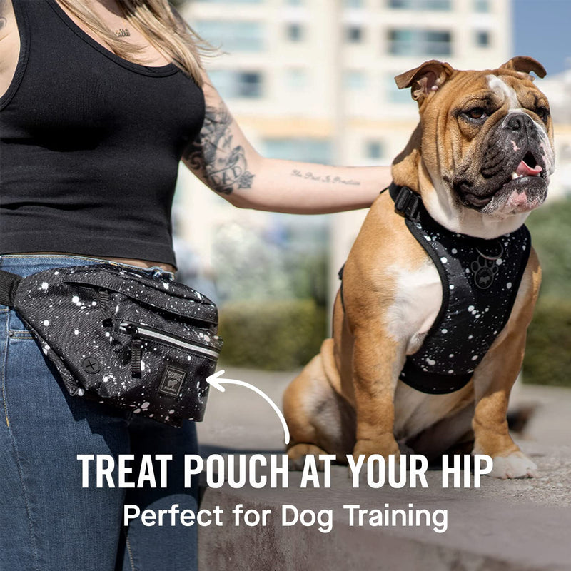 Canada Pooch Everything Dog Walking Fanny Pack - Dog Fanny Pack with Dog Poop Bag Dispenser & Dog Treat Pouch, Great as Dog Training Fanny Pack, Adjustable up to 54” - Splatter Black Splatter - PawsPlanet Australia