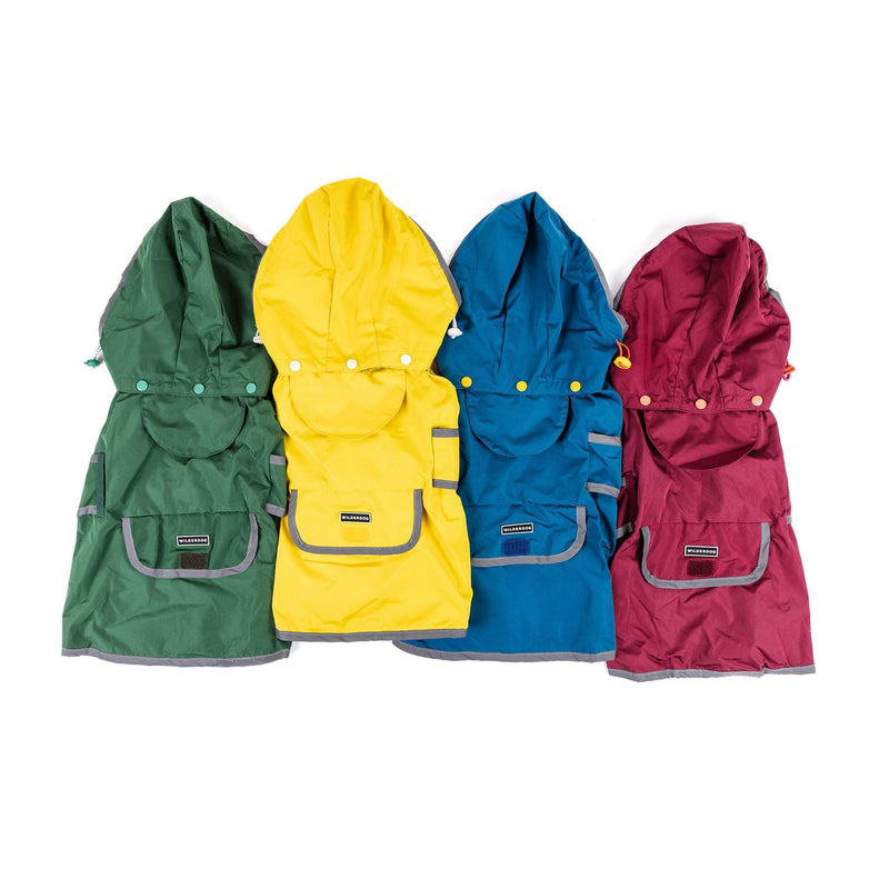 Wilderdog Dog Jacket Waterproof Raincoat with Breathable Interior, Removable Hood, Torso Strap, Secure Closures, Back Pocket and Two Hanging Loops, Foldable into Back Pocket Medium Huckleberry - PawsPlanet Australia