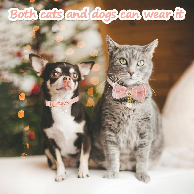 Pink Cat Collar, 4pcs Safety Buckle Kitten Collar Girl with Pearl Pendant Adjustable Cute Cat Collars for Girl Cats with Bow Fashion Comfortable Washable Removable Design - PawsPlanet Australia