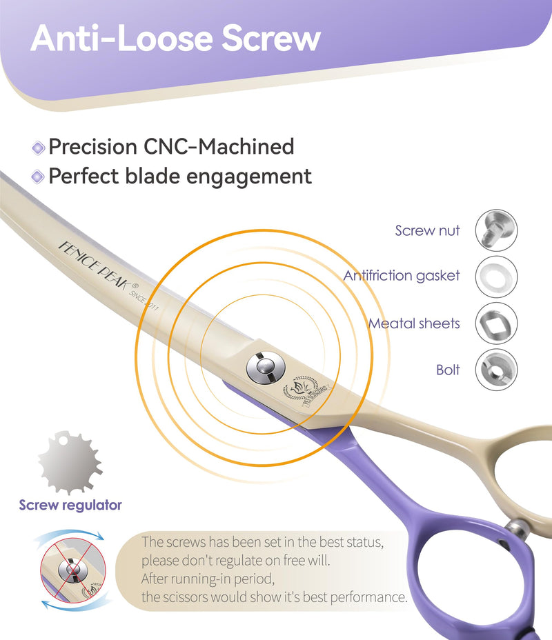 Fenice Peak Curved Dog Grooming Scissors with Coating 440C Stainless Steel, 7 inch Professional Curved Shears Dog Grooming，25 Degree of Curved Blade，Pet Shear for Trimming Face and Paw, Violet & White 7" Violet&white - PawsPlanet Australia