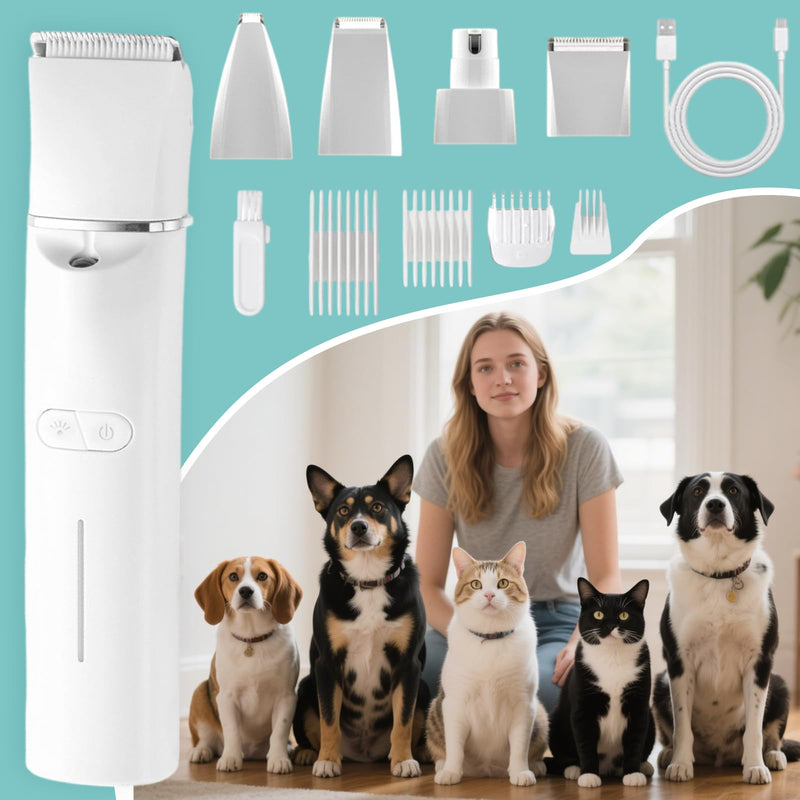Dog Grooming Clipper Kit, 4 in 1 LED Light Low Noise Dog Paw Trimmer & Nail Grinder, 2 Speeds Adjustable Dog Grooming Kit for Cats Dogs