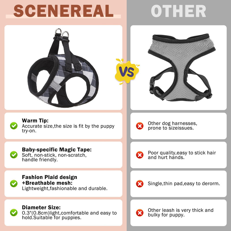 SCENEREAL Small Dog Harness and Leash Collar Set, Step in No Pull Soft Mesh Dog Harnesses for Small Medium Sized Dogs Puppy and Cats Outdoor Walking, No Chock Reflective Vest Harness, Black Plaid S S: Chest Girth: 14.5"-16" - PawsPlanet Australia