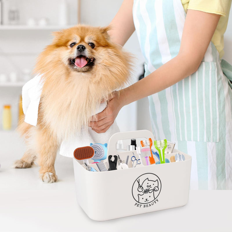 Minimalist White Dog Cat Grooming Supplies Organizer, Portable Caddy with 5 Compartments 5-Compartment(White） - PawsPlanet Australia