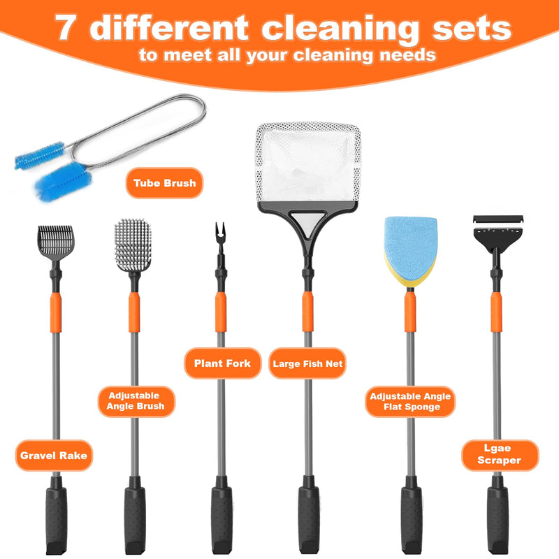 7-in-1 Aquarium Cleaning Tool, Fish Tank Cleaner with Telescopic Handle,Aquarium Scraper,Adjustable Angle Brush,Gravel Rake,Plant Fork,Adjustable Angle Flat Sponge,Large Fish Net,Hose Brush - PawsPlanet Australia