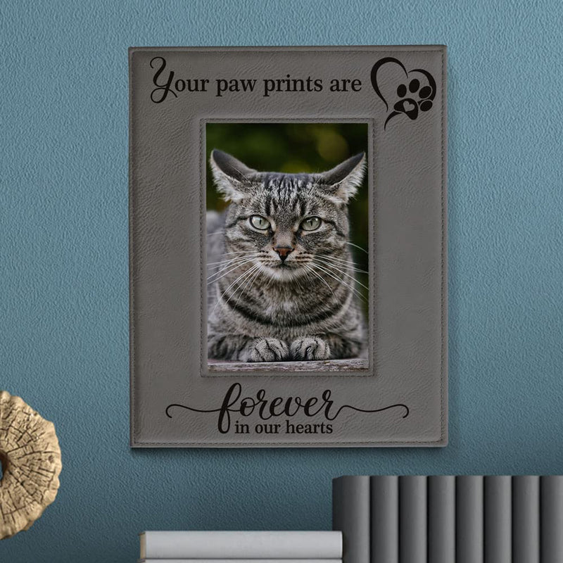 KATE POSH - Your Paw Prints are Forever in our Hearts. Engraved Leather Picture Frame. Memorial Pet Gift, Loss of Dog and Cat, Pet sympathy gift, In memory of (4" x 6" Vertical) 4" x 6" Vertical - PawsPlanet Australia