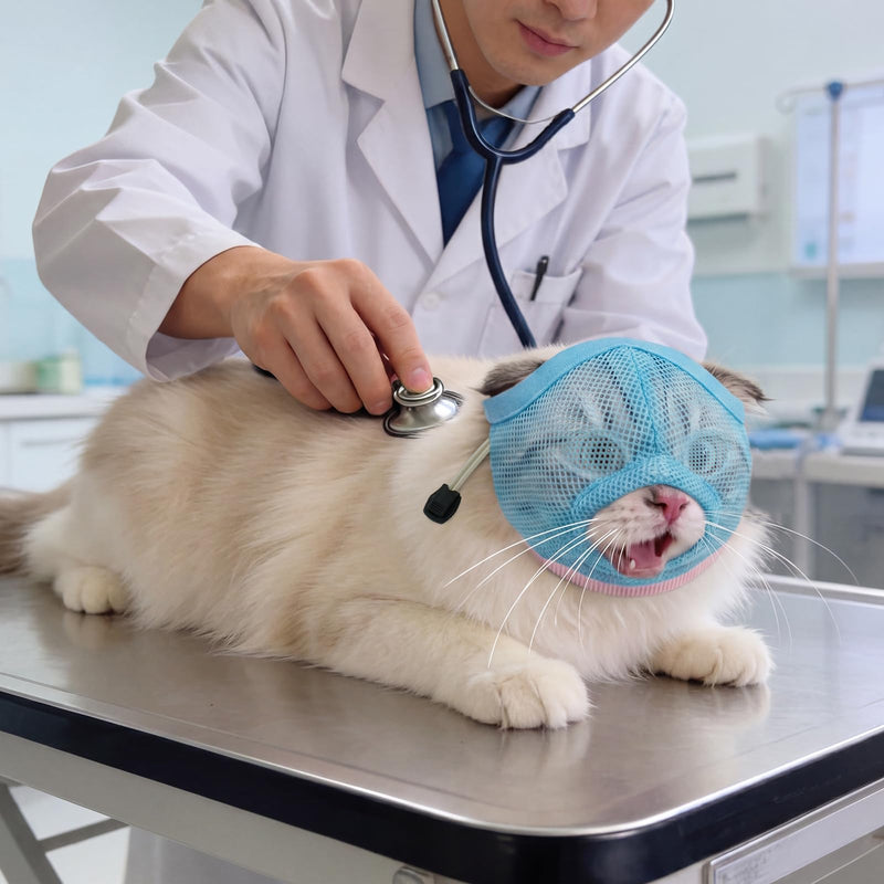 2 Pieces Visible & Breathable Cat Muzzle for Grooming, Anti-Bite Pet Mask with Adjustable Neck Size and Ear-Friendly Design Blue M