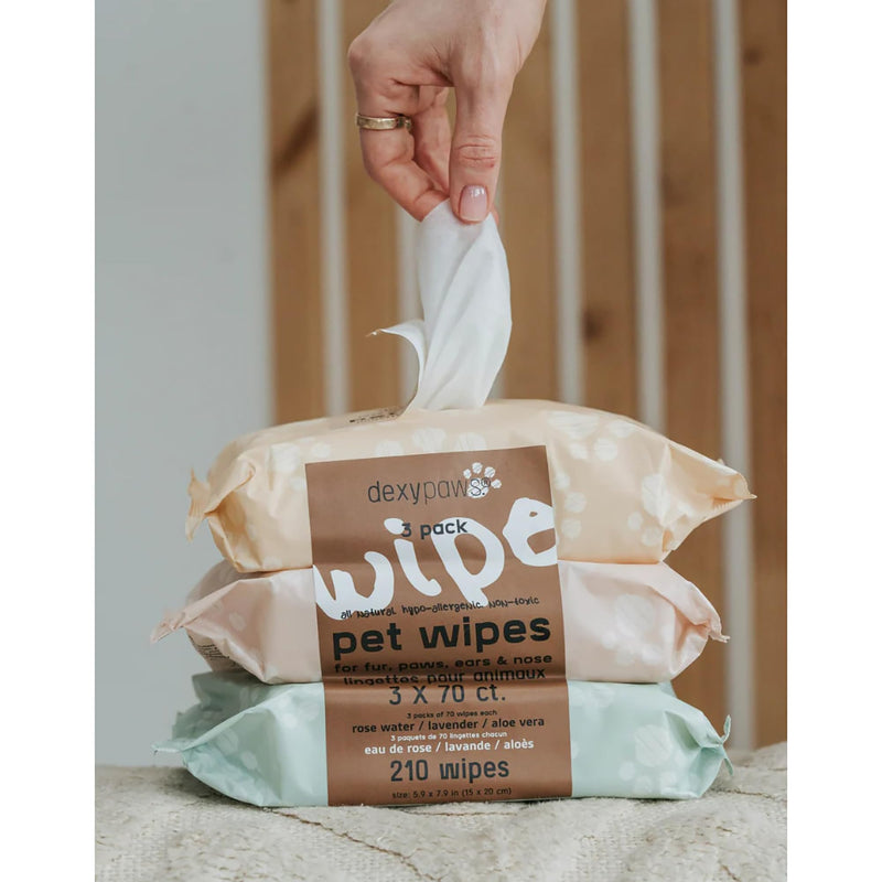 Pet Cleansing Wipes - 3 Packs (70ct Each) - Aloe-Lavender-Rose Water - Wet Wipes for Dogs & Cats, Fur-Paws-Face, Natural Pet Safe Grooming - PawsPlanet Australia