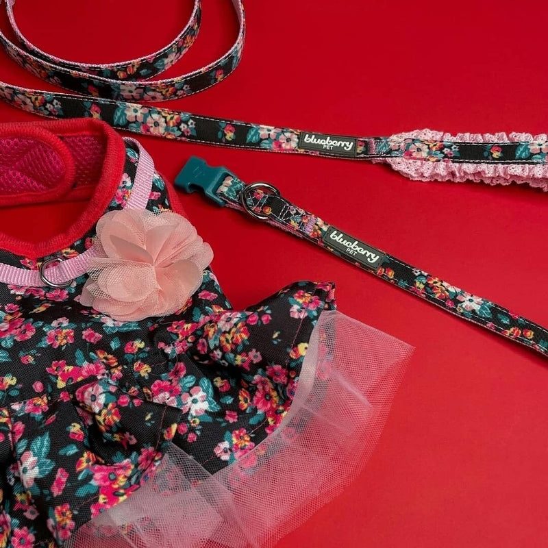 Blueberry Pet Made Well Elegant Floral Print Adjustable Dog Collar in Sleek Black with Pink Artificial Silk Flower, X-Small, Neck 7.5"-10"
