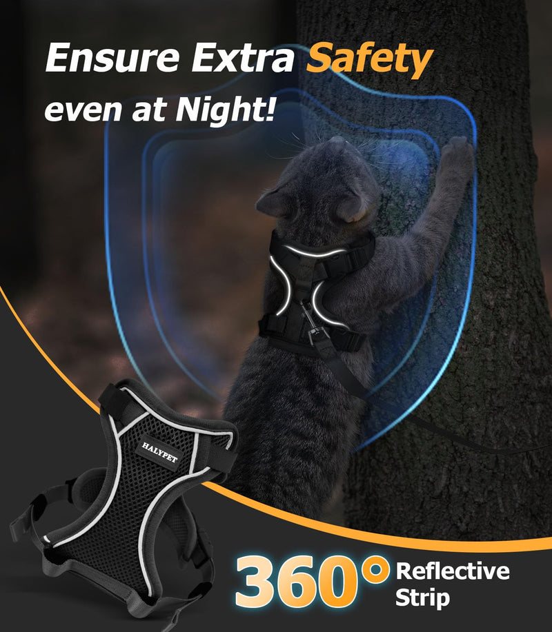 Halypet Cat Harness and Leash Set - MAX Safety 4th-Gen Upgrade, Escape Proof, Adjustable, Comfortable Soft Vest, Easy to Wear Kitten Harness with Reflective Strip for Cats Walking - Small Black H600 Pro Black Small (7-12lb) - PawsPlanet Australia