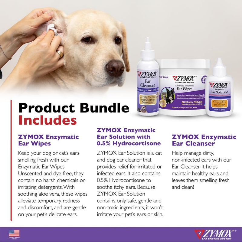 Zymox Enzymatic Ear Solution for Dogs and Cats, Ear Wipes, & Ear Cleanser - Product Bundle - for Dirty, Waxy, Smelly Ears and to Soothe Ear Infections - PawsPlanet Australia