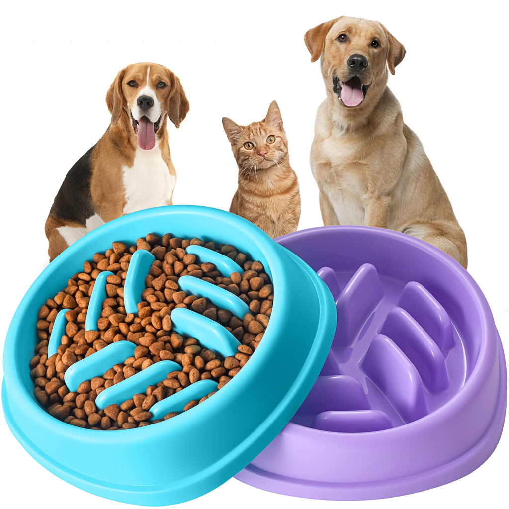 Slow Feeder Dog Bowls 2 Pack, Anti-Slip Slow Eating Dog Bowl, Maze Dog Food Bowl, Anti-Choking Puzzle Feeder Dog Bowl, Slow Feeder Bowl for Dogs & Cats, All Breeds Pets (Blue&Purple) Blue&Purple