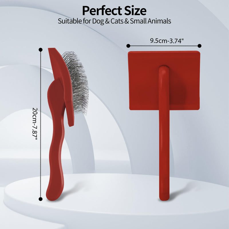 Pet Slicker Brush for Long & Short Hair - Detangling Tool for Dogs & Cats - 135° Angled Stainless Steel Pins, Curved Handle - Gentle Grooming for Small/Medium/Large Breeds (Red) Red
