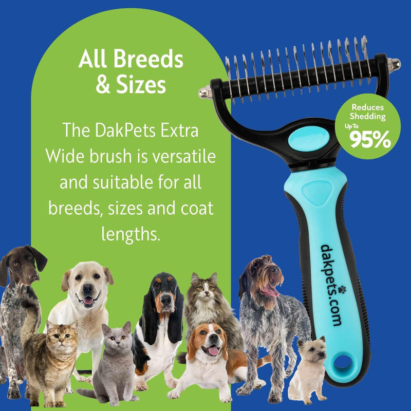 DakPets Pet Grooming Brush. Extra Wide, Double Sided Dematting Undercoat Rake for Dogs and Cats. Reduce Dog and Cat Shedding by 95%, Blue