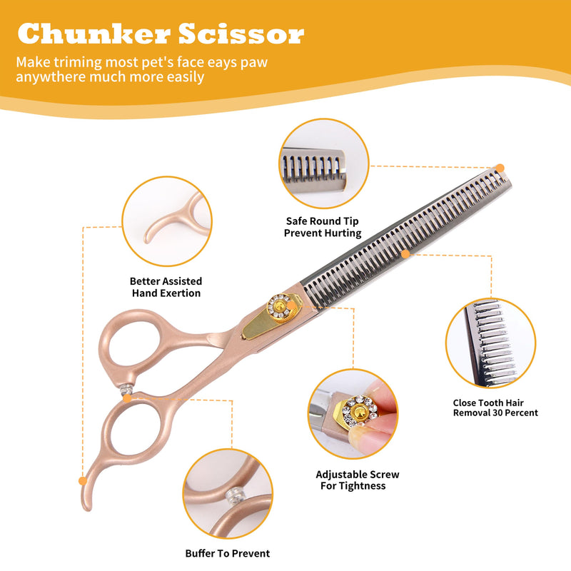 7 Inch Professional Dog Grooming Scissors Kit, 6-in-1 Grooming Scissors for Dogs, Pet Grooming Shears Set, Straight Scissor & Thinning Shear & Curved Scissor & Chunker Shear (Rose Gold) Rose Gold 4 pieces - Professional Kit - PawsPlanet Australia