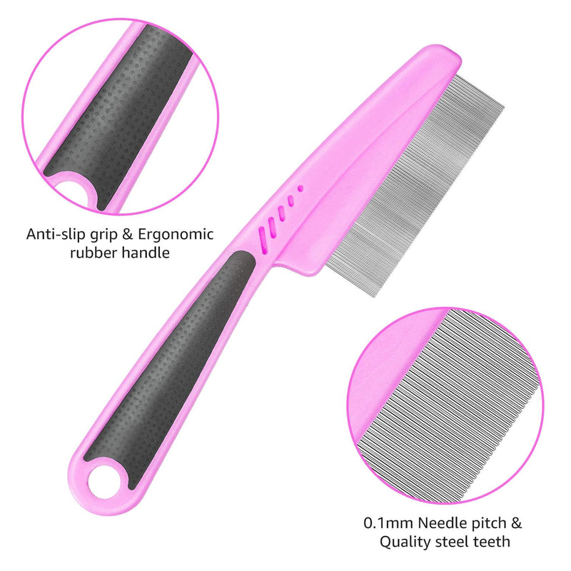 Flea Comb For Dogs & Cats Pet Comb Grooming Set 5 Pieces Metal Teeth Durable Remove Tear Stain Float Hair Combing tangled hair Dandruff Add Storage Pouch (pink) Pink - PawsPlanet Australia