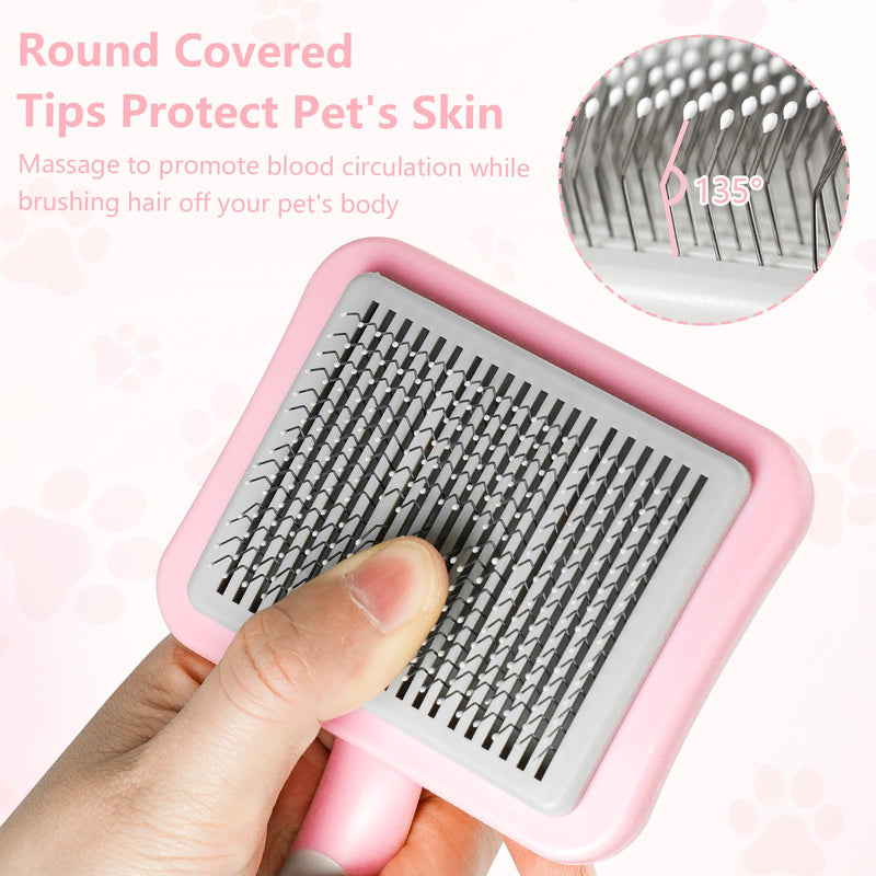 Dog Brush Cat Brush, Cat Grooming Comb Self Cleaning Pet Hair Comb with Button Dog Grooming Tool for Small, Medium & Large Pet Shedding Massage Clean (Pink) Pink