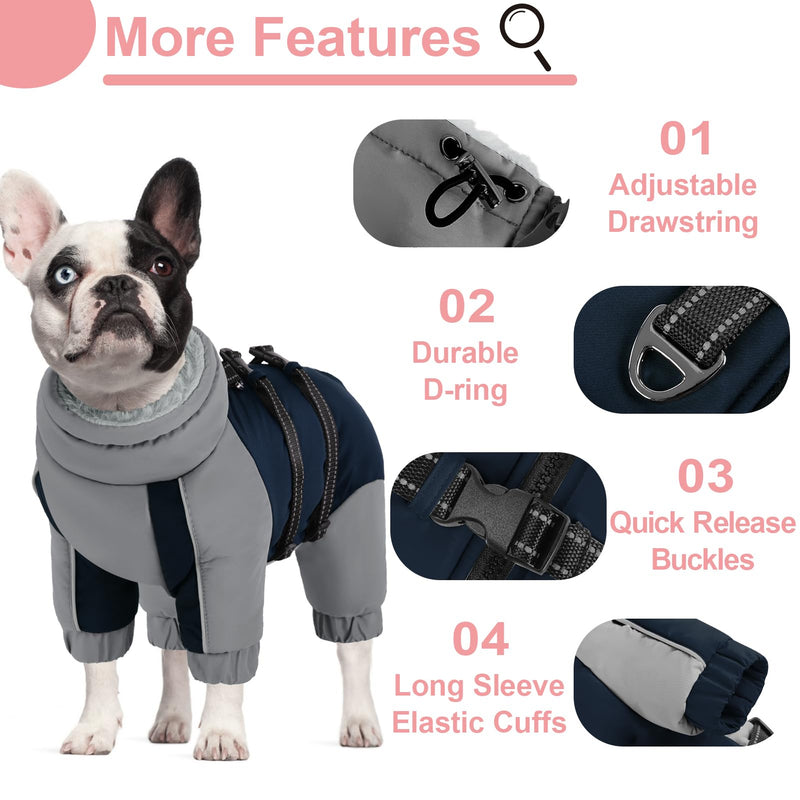 KOESON Four Legged Winter Dog Jacket with Adjustable Buckles, Turtleneck Windproof Fleece Jacket, Reflective Fullbody Puffer Coat Blue Grey M Medium - PawsPlanet Australia