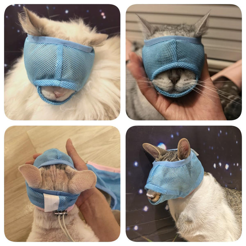 PUMYPOREITY 2 Pack Cat Calming Muzzle, Soft Breathable Mesh Cat Head Cover with Adjustable Strap, Calming & Anti-Bite Design for Grooming, Nail Trimming, Bathing and Vet Visits, S, Blue Small