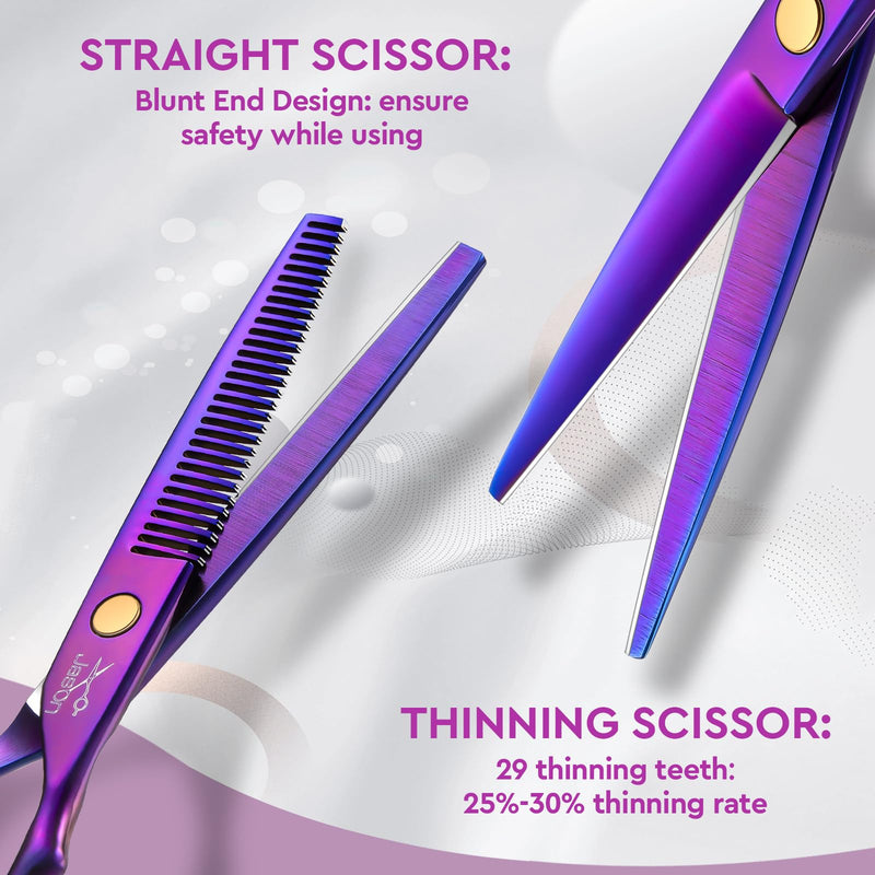 JASON Hair Scissors Professional - 10 PCS Haircut Scissors Set, Thinning Shears for Hair Cutting with 30 Teeth, Straight Shears for Men Women Home Salon Barber (6.7", Purple) 6.5inch-purple - PawsPlanet Australia