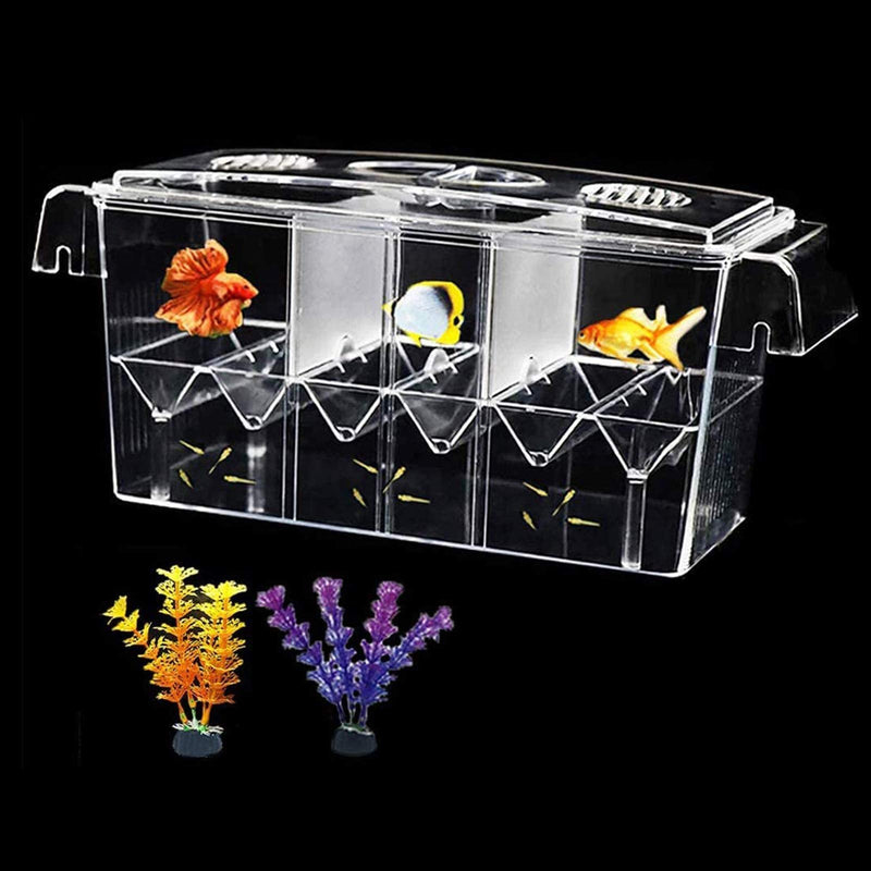 Tfwadmx Fish Breeding Box, 3 Rooms HD Aquarium Breeder Box with Suction Cups Fish Baby Hatchery Acrylic Fish Incubator Isolation Box with Artificial Plant for Guppy Baby Fish Hatchery