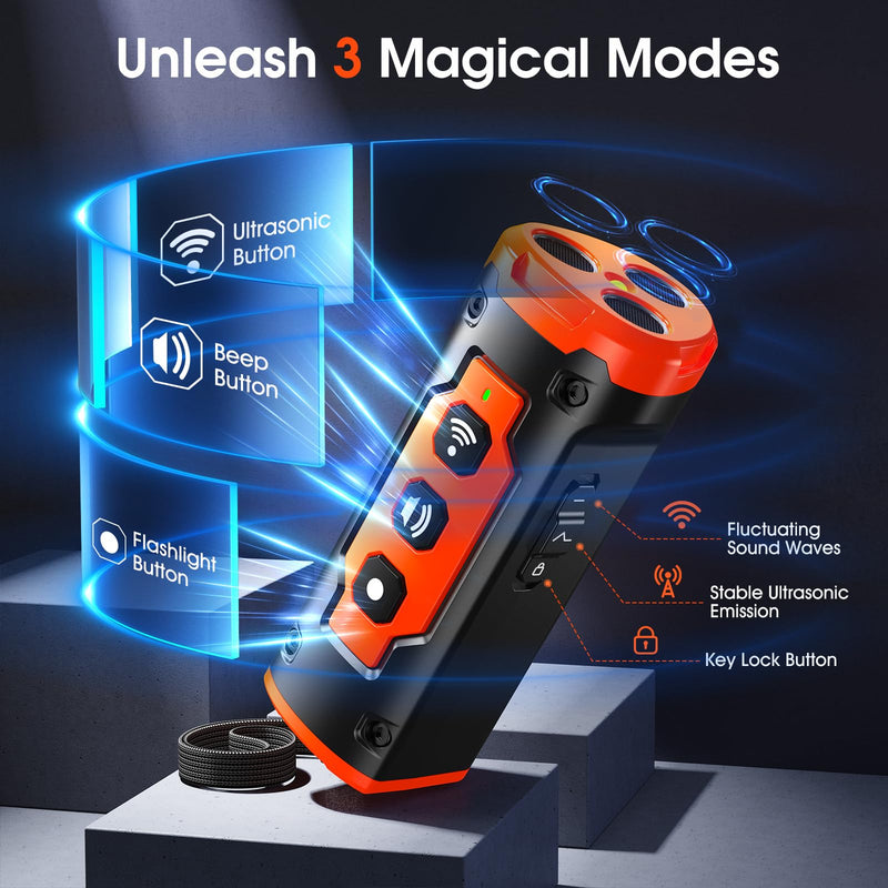 1-Touch Dog Bark Deterrent Devices with 3 Sonic Heads,Portable 50ft Range Anti Barking Device for Dogs,Rechargeable & Safe Dog Training Tool with Flashlight,Helps Improve Dog's Behavior Orange - PawsPlanet Australia