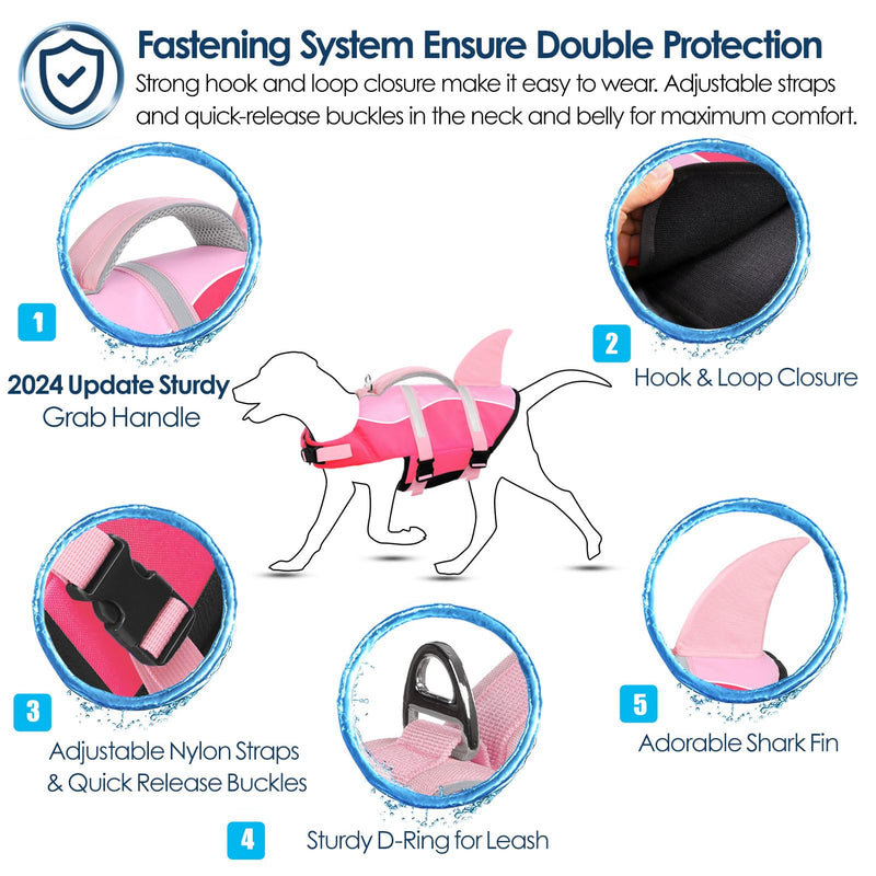 AOFITEE Dog Life Jacket, Dog Life Vest for Swimming, Shark Dog Life Vest with Rescue Handle and Reflective Stripe, Ripstop Dog Lifesaver Float Coat, Dog Swimming Vest for Small Medium Large Dogs Pink - PawsPlanet Australia