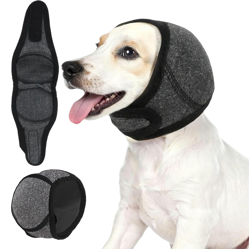 Dog Calming Hoodie with Ear Wraps, Noise Cancelling Ear Muffs for Dog Anxiety Relief, Adjustable Pet Ear Covers for Thunderstorms, Fireworks, Grooming, Swimming & Ear Hematoma Protection, Grey S