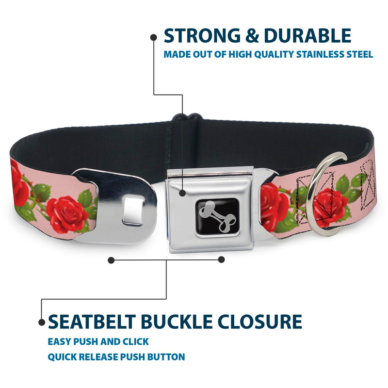 Dog Collar Seatbelt Buckle Rose Trio Leaves Pink 18 to 32 Inches 1.5 Inch Wide 1.5" Wide - Fits 18-32" Neck - Large - PawsPlanet Australia