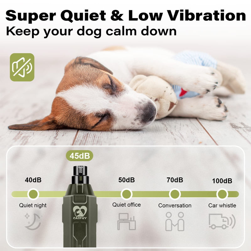 Casfuy 6-Speed Dog Nail Grinder - Newest Enhanced Pet Nail Grinder Super Quiet Rechargeable Electric Dog Nail Trimmer Painless Paws Grooming & Smoothing Tool for Large Medium Small Dogs ArmyGreen - PawsPlanet Australia
