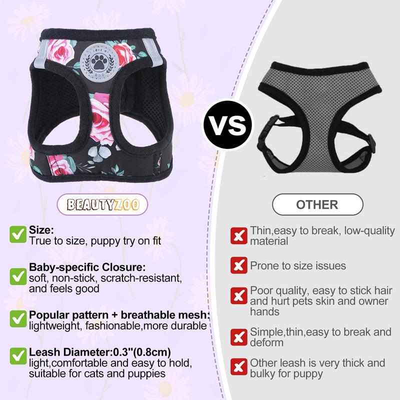 BEAUTYZOO Step in Dog Harness and Leash Set, Floral Pattern Reflective Dog Harness No Pull No Choke Puppy Harness XXS XS S Dogs Cats, Soft Padded Mesh Vest Harnesses Girl and Boy Pets, Black Rose XSmall(Chest Girth 13" - 14.5") - PawsPlanet Australia