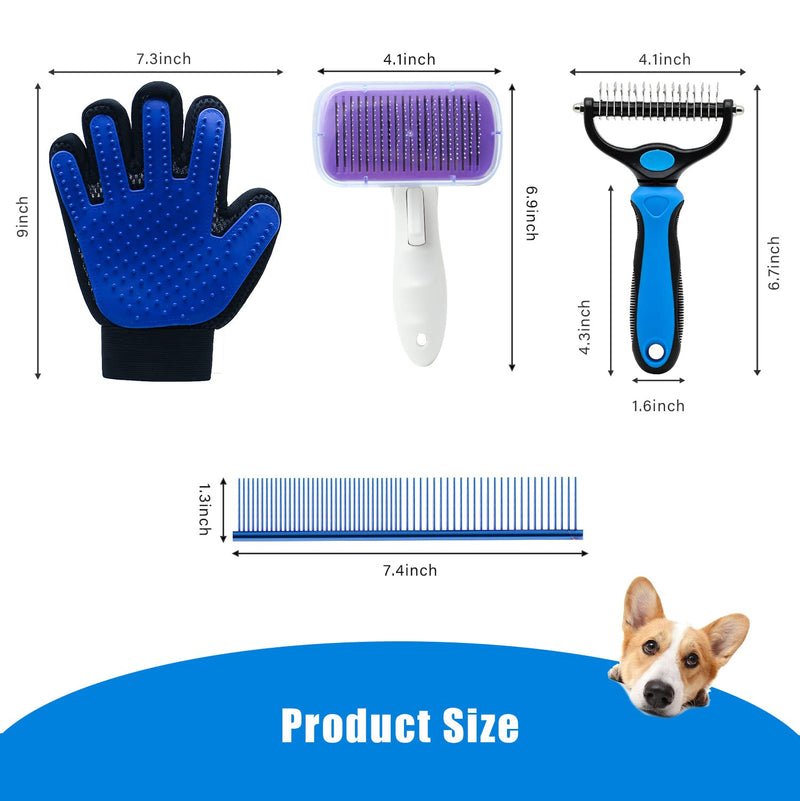 Dog Grooming Kit with Self Cleaning Slicker Brush, Pet Hair Remover Massage Gloves, Shedding Dematting Steel Comb for Long & Short Haired Cats Dogs, 4 Count - PawsPlanet Australia