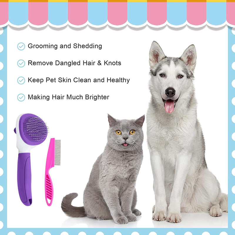 Cat Brushes for Indoor Cats, Dog Brush for Shedding with Metal Cat Comb, Self Cleaning Pet Hair Brush with Release Button for Grooming Kitten(Purple) Purple - PawsPlanet Australia
