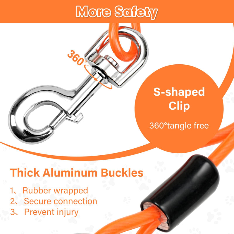 Chew Proof Dog Leash Extender, 24'' Wire Rope Extension for Small, Medium, Large Dogs, Walking, Training Puppies, Dual 2-Dog Leash, Metal Cable Lead for Collar & Harness Orange - PawsPlanet Australia