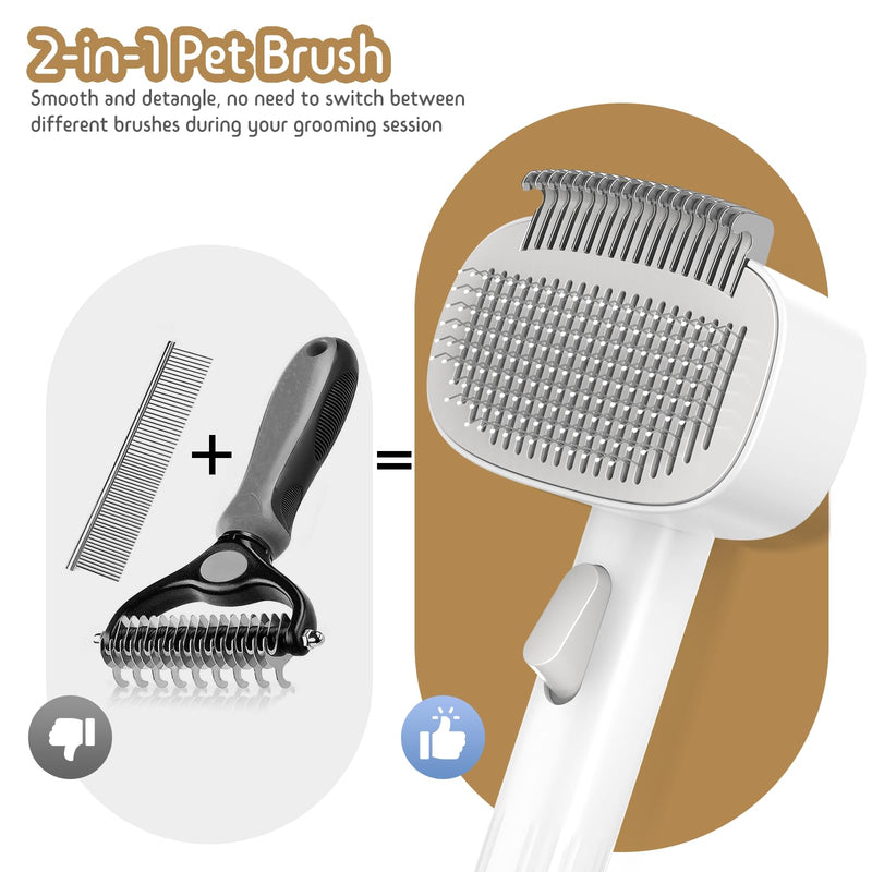Dog & Cat Brush for Shedding, 2 in 1 Self Cleaning Deshedding Brush with Adjustable Bristle Length & Dematting Comb, Skin Friendly Grooming Tool for Long & Medium-Long Hair Pets Gray - PawsPlanet Australia