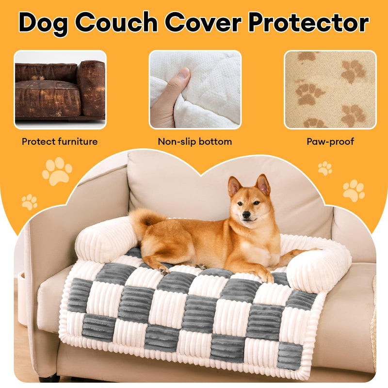 FUNNY FUZZY Couch Cover for Pet, Plush Dog Bed Sofa for Furniture Protector Cream Square Plaid Cozy Pets Mat (Soft Grey, Medium) Soft Grey - PawsPlanet Australia
