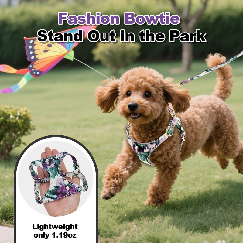 XXS Dog Harness and Leash Set Lightweight Pet Harnesses with Cute Bowtie Floral Pattern, Adjustable Escape Proof Puppy Vest Extra Small Size Dogs for Daily Walking Parties Holiday Purple Purple Flower XXS - PawsPlanet Australia
