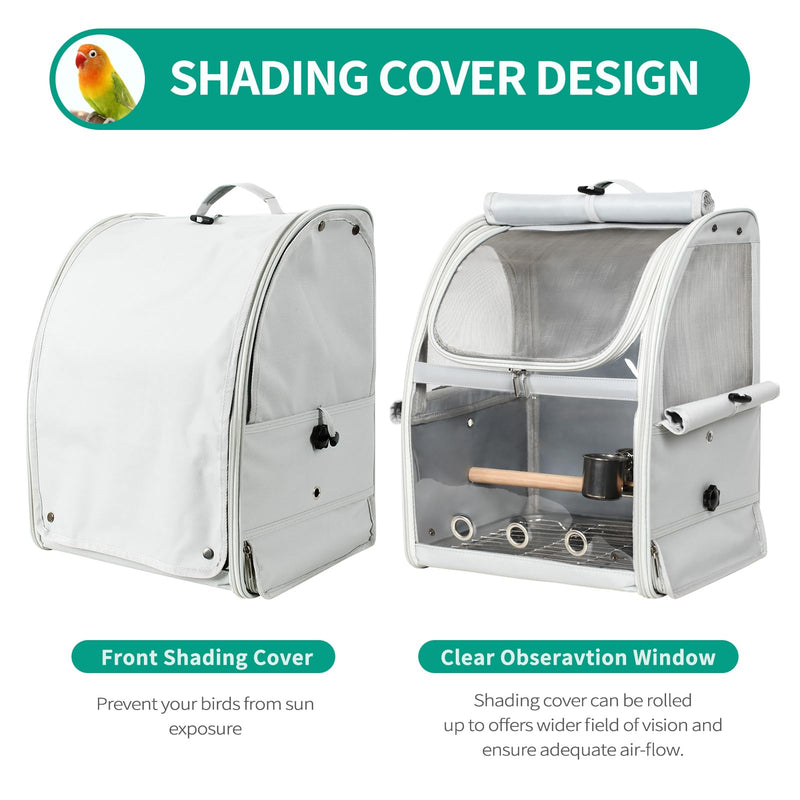 Bird Carrier Bag, Bird Travel Cage with Standing Perch and Indestructible Stainless Steel Mesh, Protable Transparent Breathable Carrier with Feeder Cups for Small Birds Parrot Parakeet, Grey L Gray