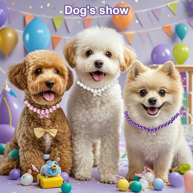 3 Pcs Small Dog Collars Female Jewelry Cute Ribbon Bow Pet Cat Pearl Necklace Collar with Bling Rhinestones Bone for Dogs Puppy Kitten Wedding Birthday Party White,Pink and Purple - PawsPlanet Australia