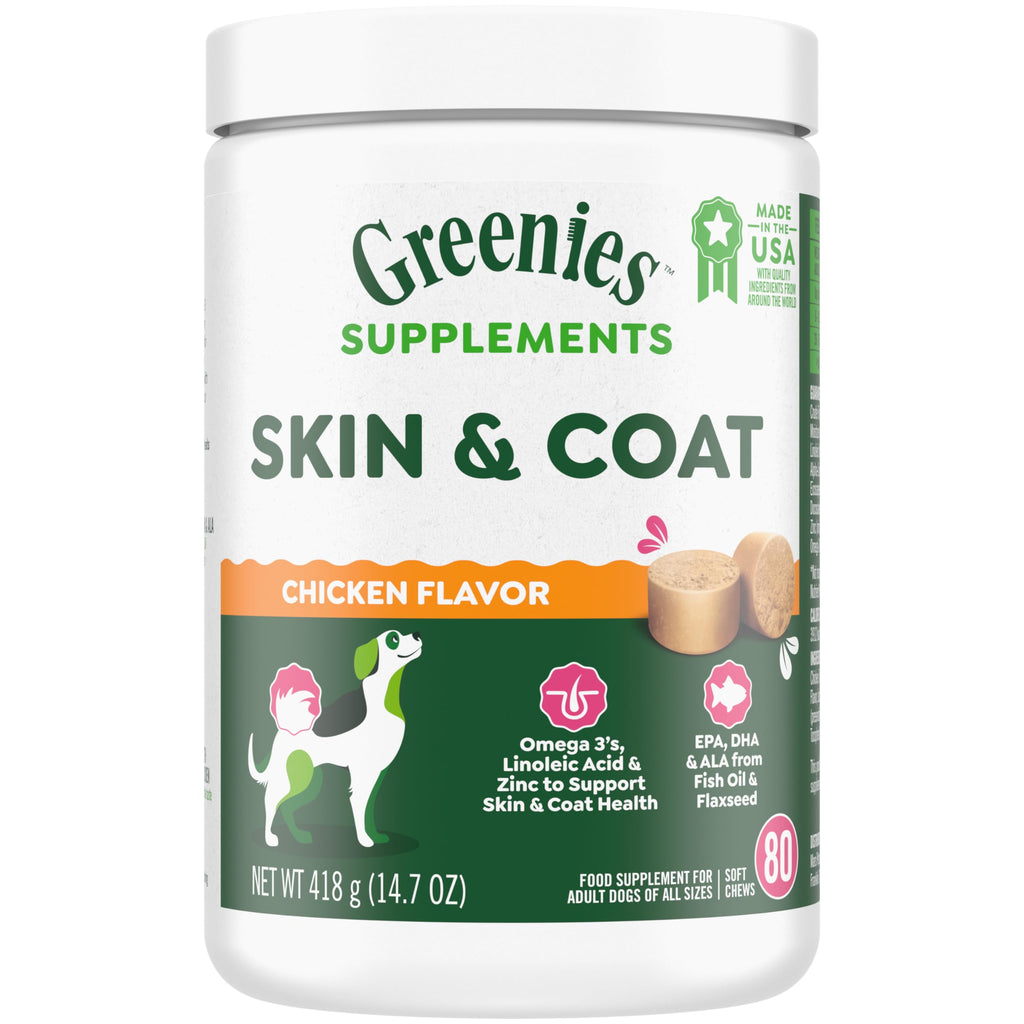 Greenies Supplements Dog Skin and Coat Supplements with Fish Oil & Omega 3 Fatty Acids, Chicken Flavor, 80 Count Soft Chews, 14.7 oz. - PawsPlanet Australia