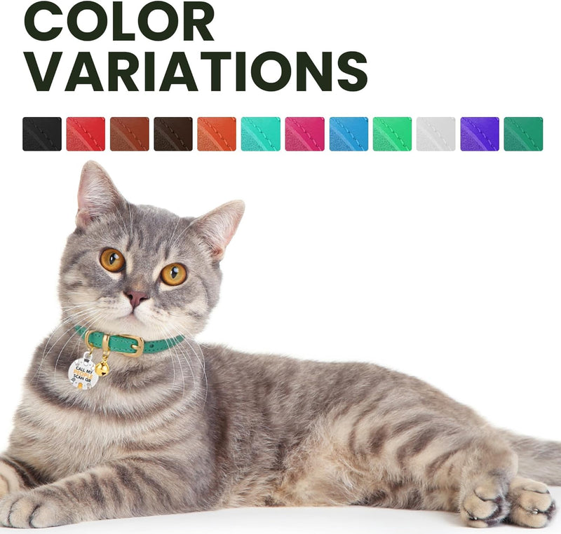 BRONZEDOG Leather Cat Collar with Bell Non Breakaway Kitten QR Tag for Girl Boy (7" - 9" for Cats, Blue & Silver) 7 - 9 inch - PawsPlanet Australia
