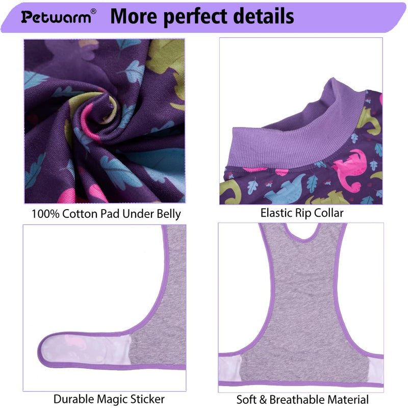 PetWarm Dog Surgical Suit Female Spay,Dog Coat's Inner Clothes,Substitute E-Collar & Cone Prevent Pet Surgery Recovery Suit Anti-Licking Dog Surgery Recovery Suit Soft Dinosaur Pattern,Purple,M Medium (Back:19.3-23.3'', Weight:14-25LB) Purple - PawsPlanet Australia