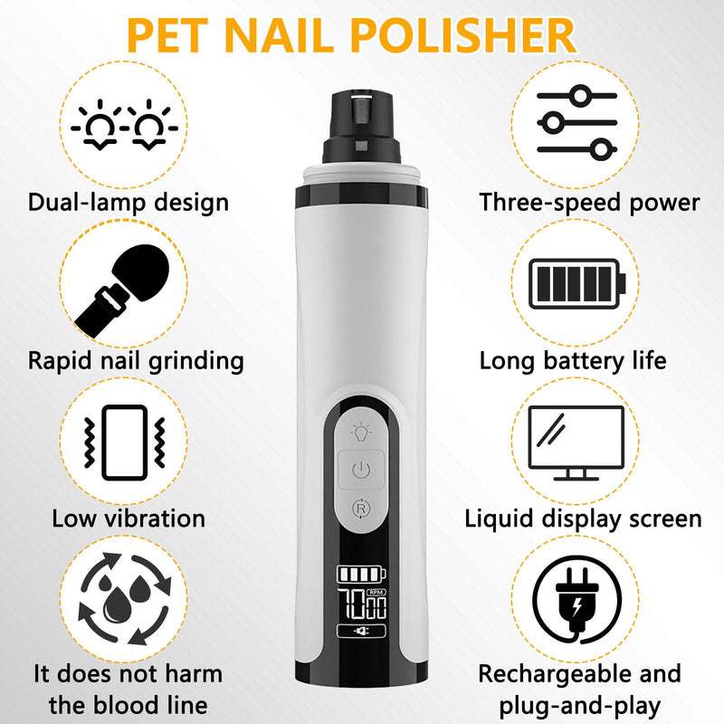 Silent Groom Pro Nail Grinder, Dog Nail Grinder Quiet, Dog Grinder for Dogs Light Painless Clipping With Led & 3 Speeds Rechargeable 2000mAh USB Charging 1+2 Replacement Head for Dog Cat Home Use